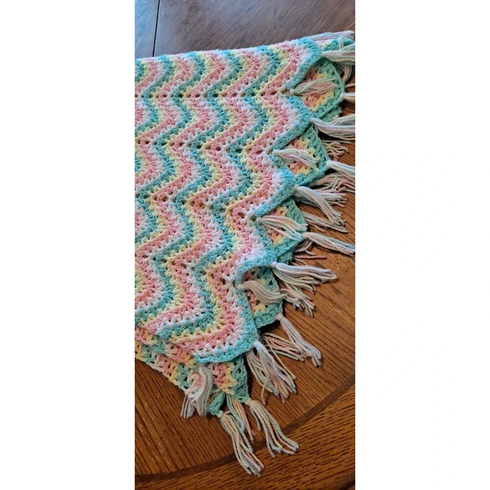 Hand Made Crocheted Baby Blanket 50+ Years Old 37x37 With Fringe